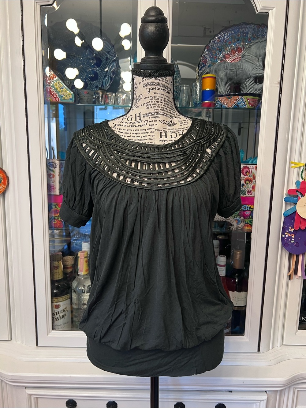 Forever 21 Dark Green Short-Sleeve Top with Braided Satin Scoop Neck Detail L